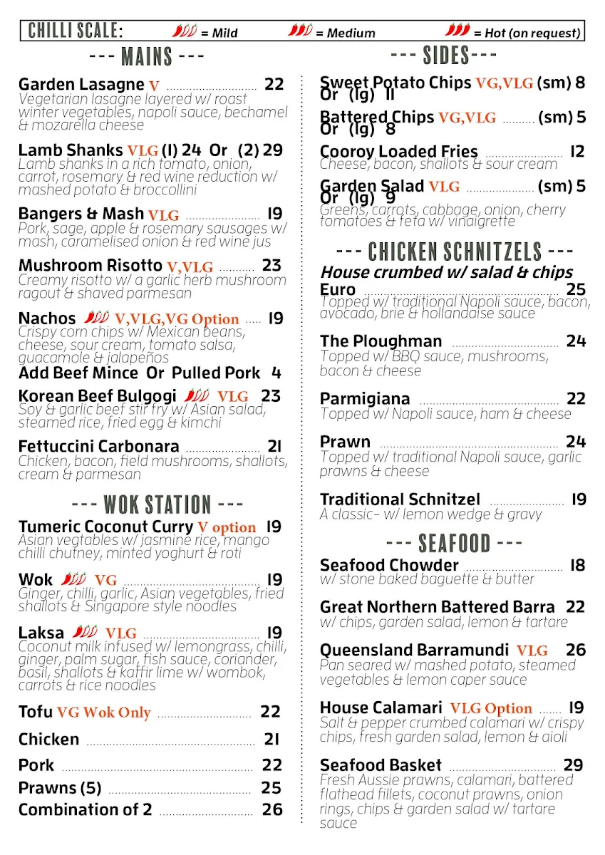 Menu, Cooroy Hotel
