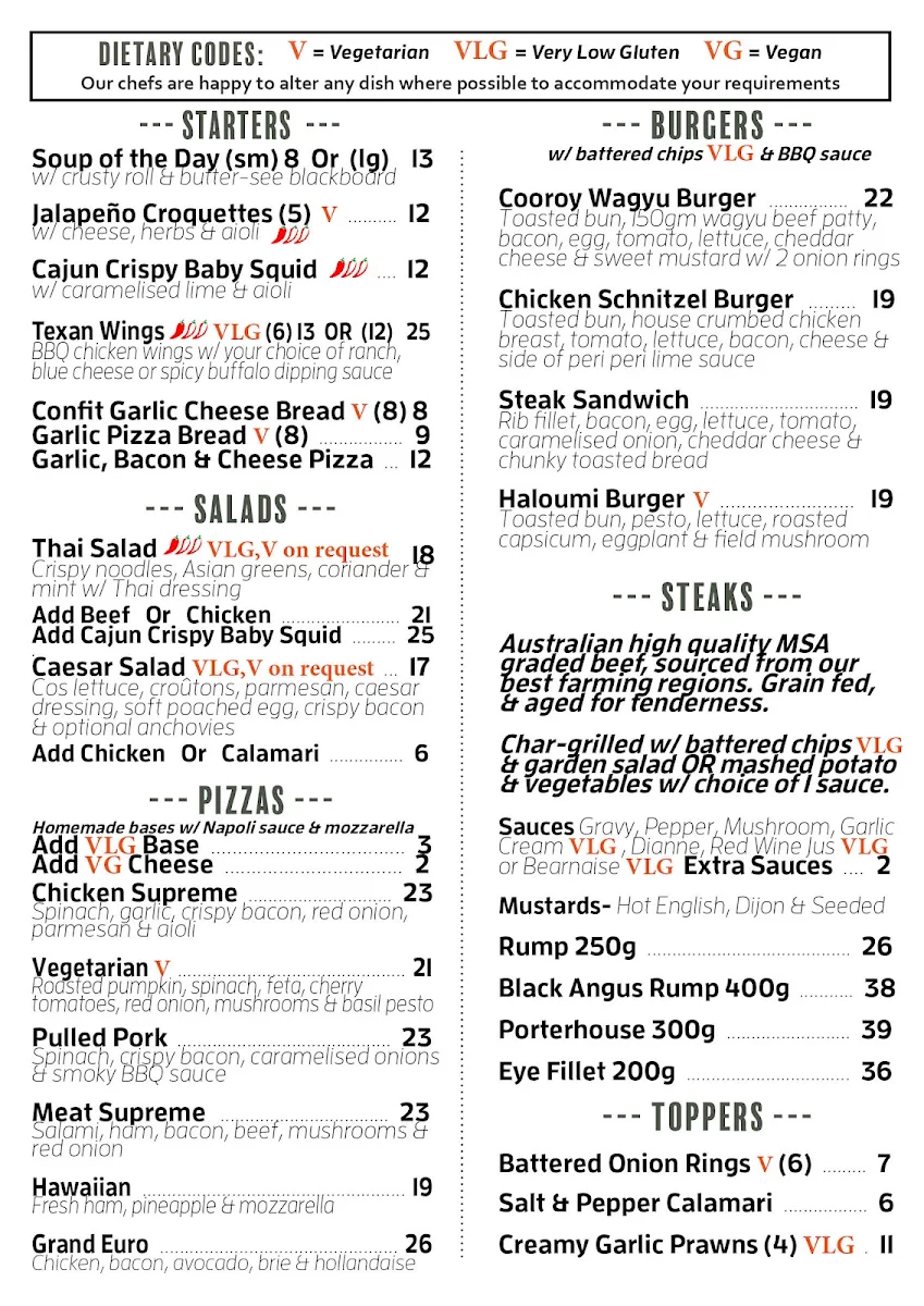 Menu, Cooroy Hotel