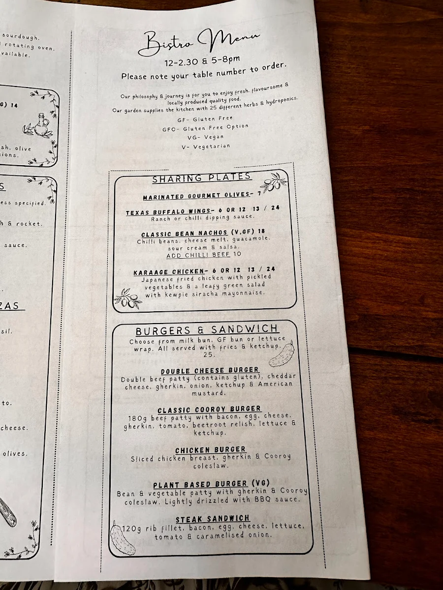 Menu, Cooroy Hotel