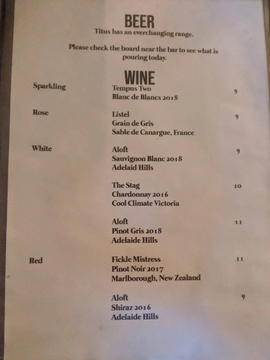 Menu, Titus Jones Marrickville