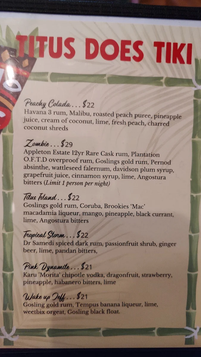Menu, Titus Jones Marrickville