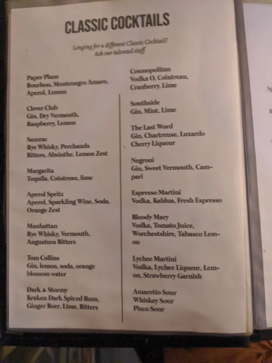 Menu, Titus Jones Marrickville