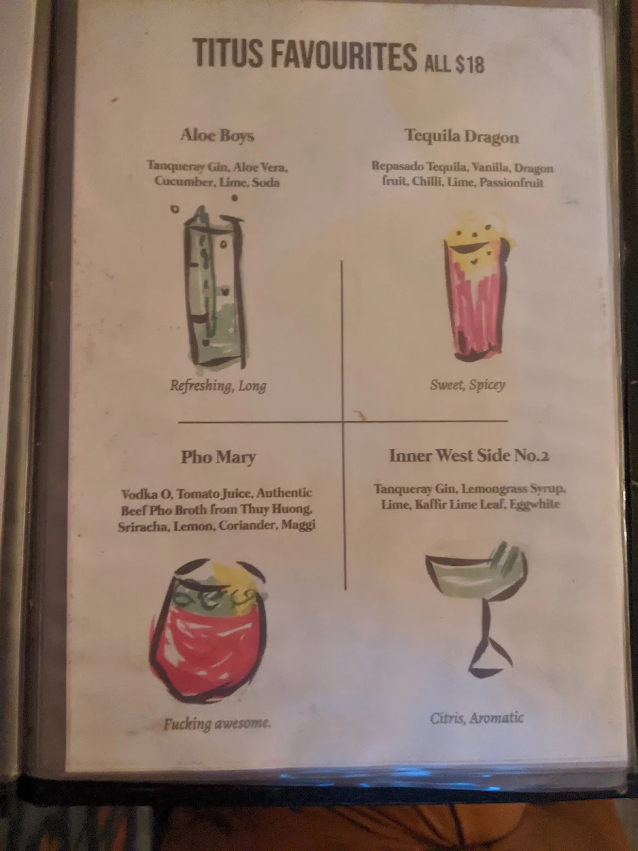 Menu, Titus Jones Marrickville