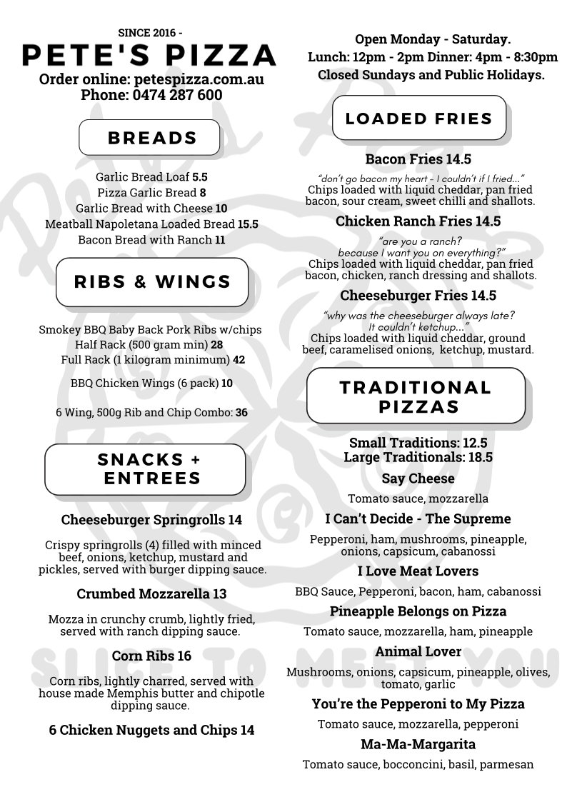 Menu, Pete's Pizza