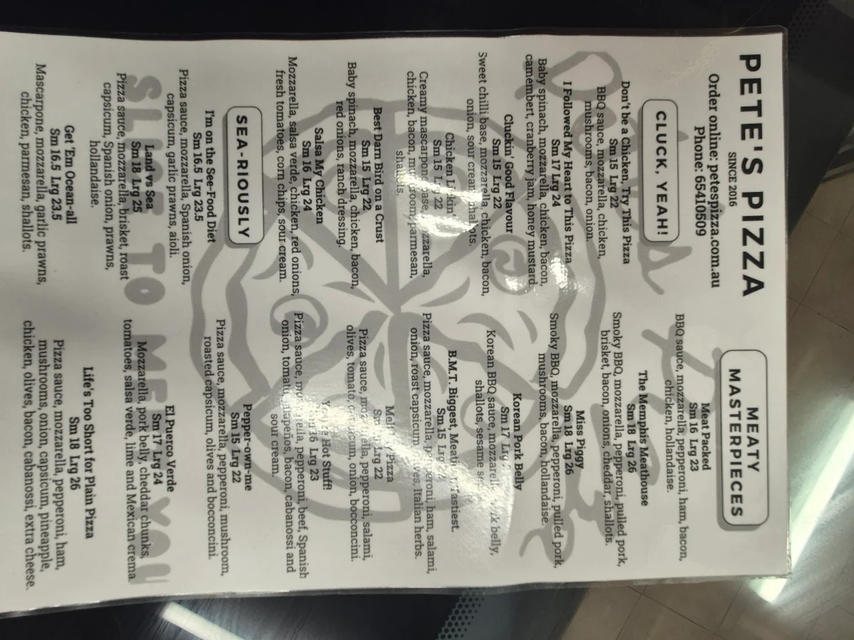 Menu, Pete's Pizza