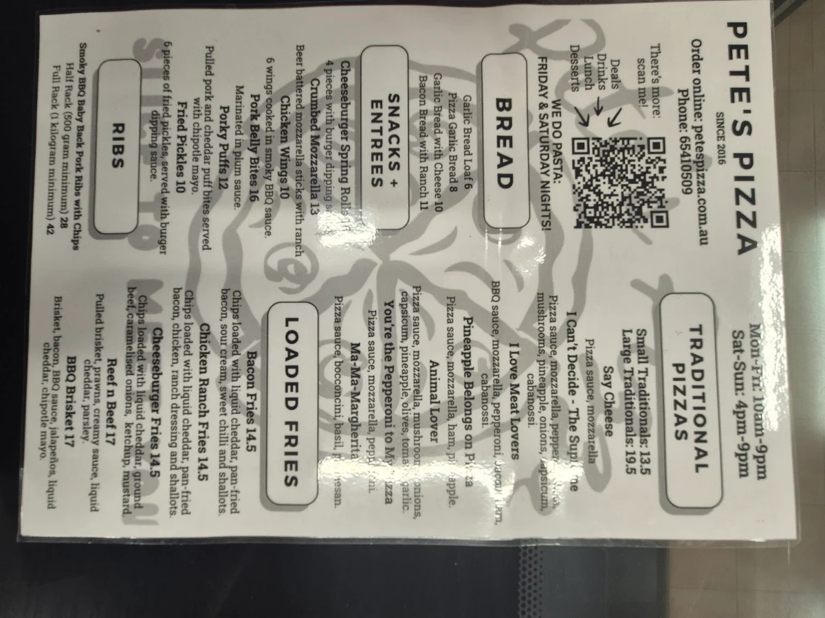 Menu, Pete's Pizza