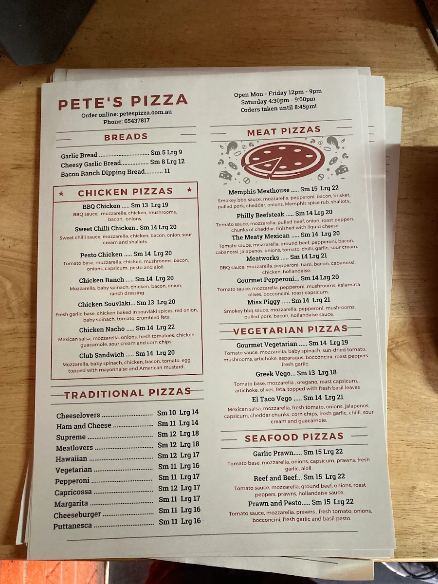 Menu, Pete's Pizza