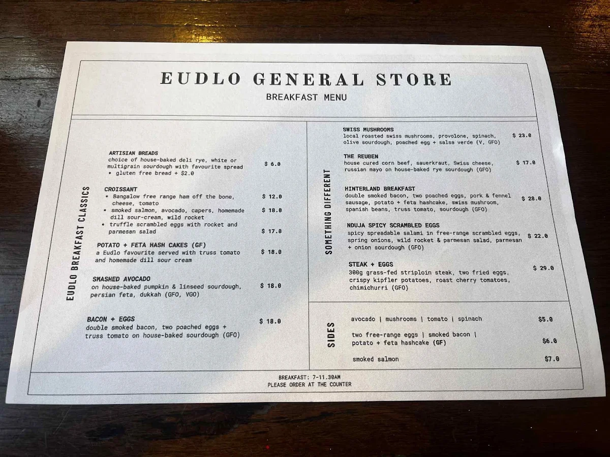 Menu, Eudlo General Store