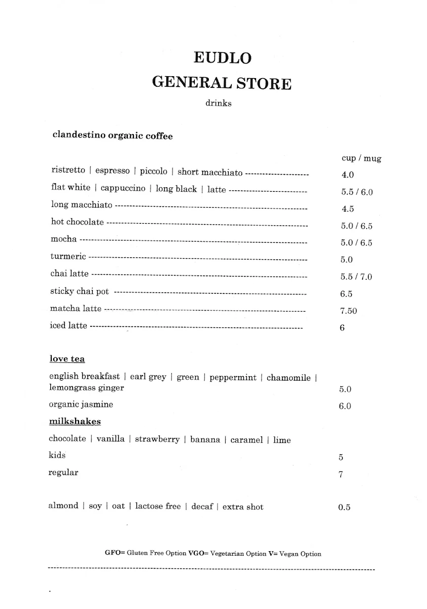 Menu, Eudlo General Store