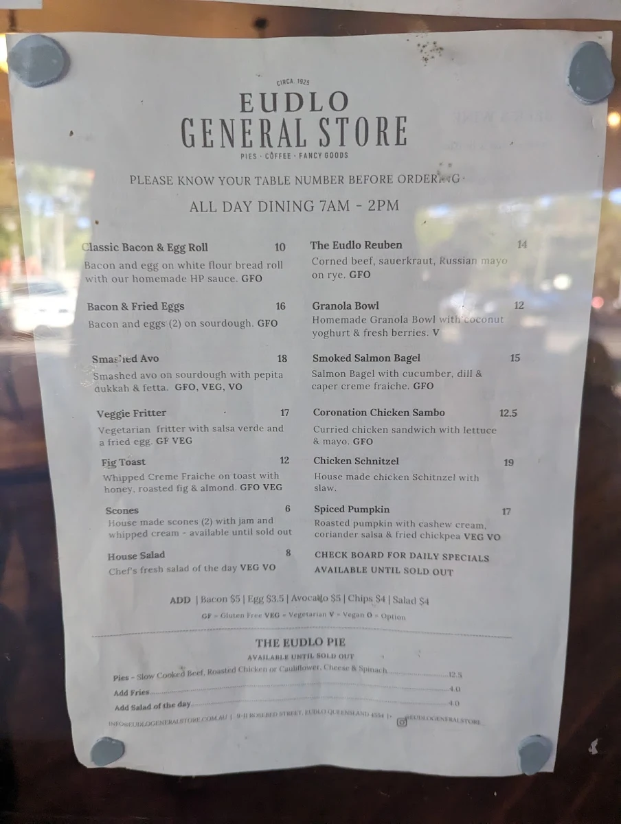 Menu, Eudlo General Store