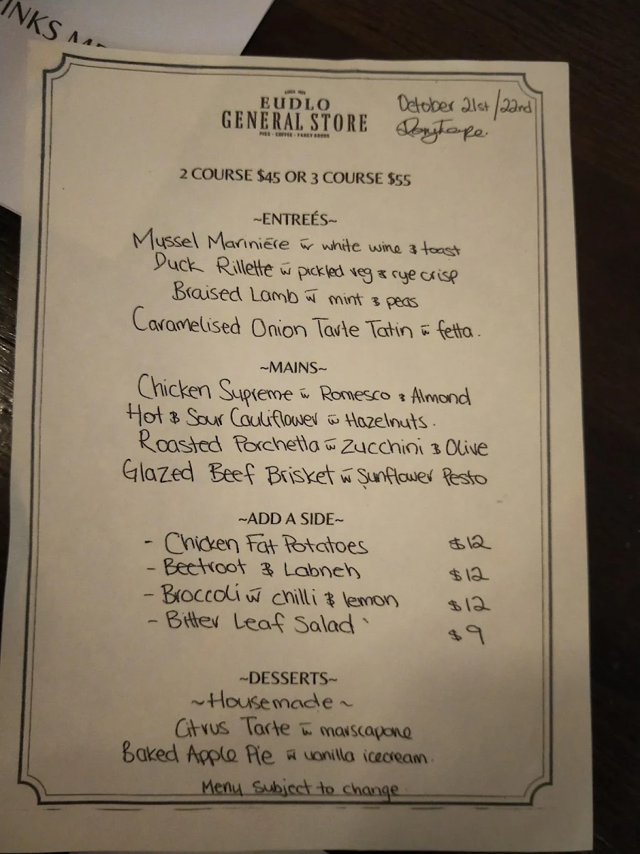 Menu, Eudlo General Store