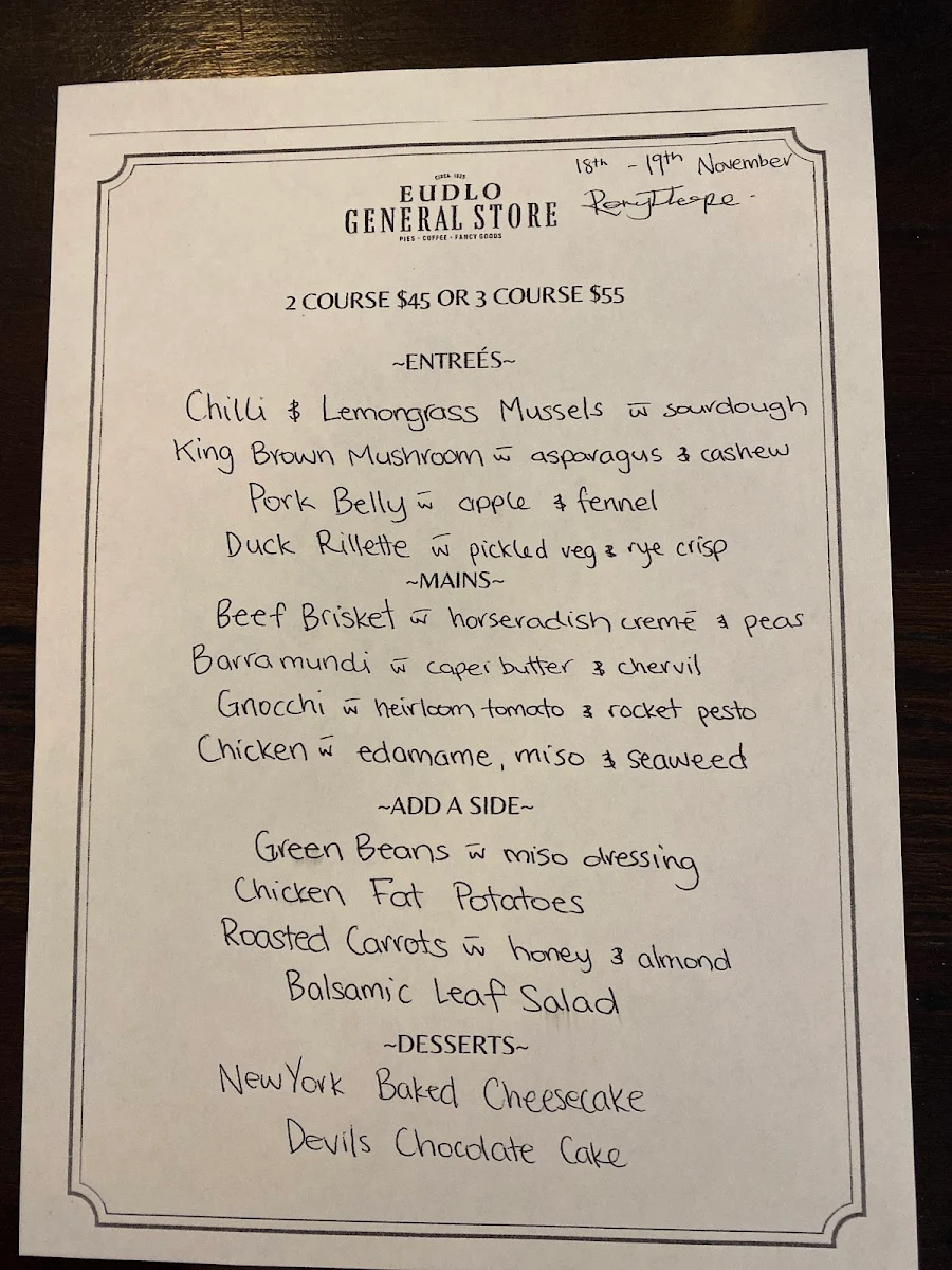 Menu, Eudlo General Store