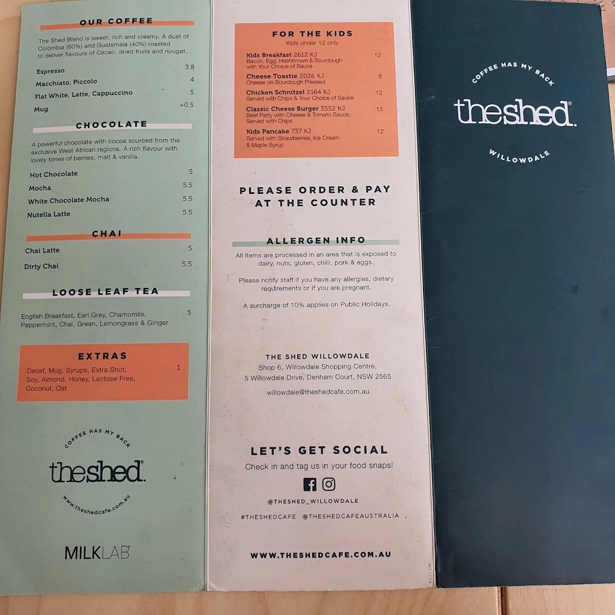Menu, The Shed Cafe - Willowdale
