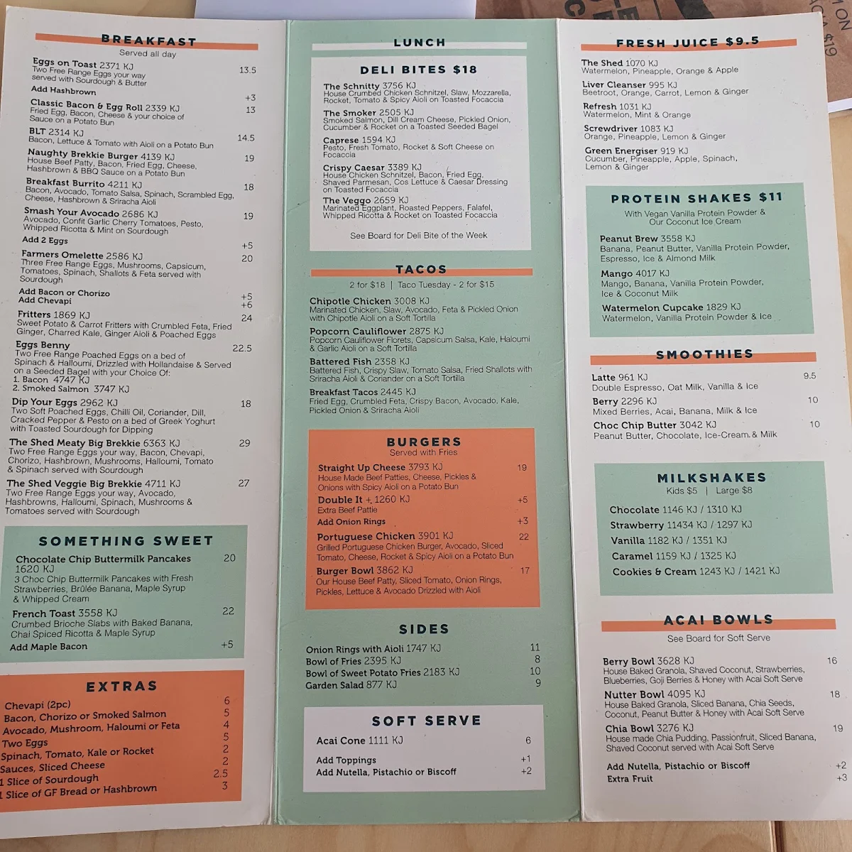 Menu, The Shed Cafe - Willowdale