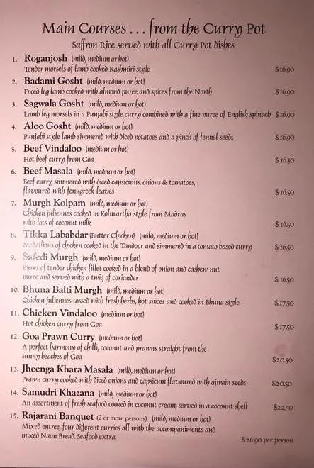 Menu, Rajarani Indian Restaurant