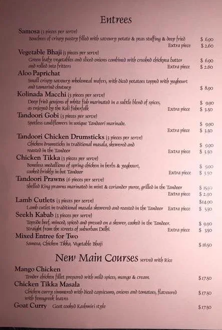 Menu, Rajarani Indian Restaurant