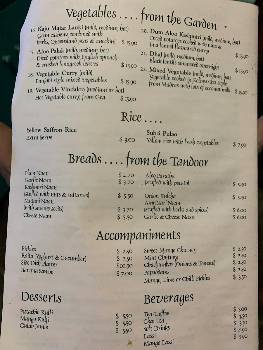 Menu, Rajarani Indian Restaurant