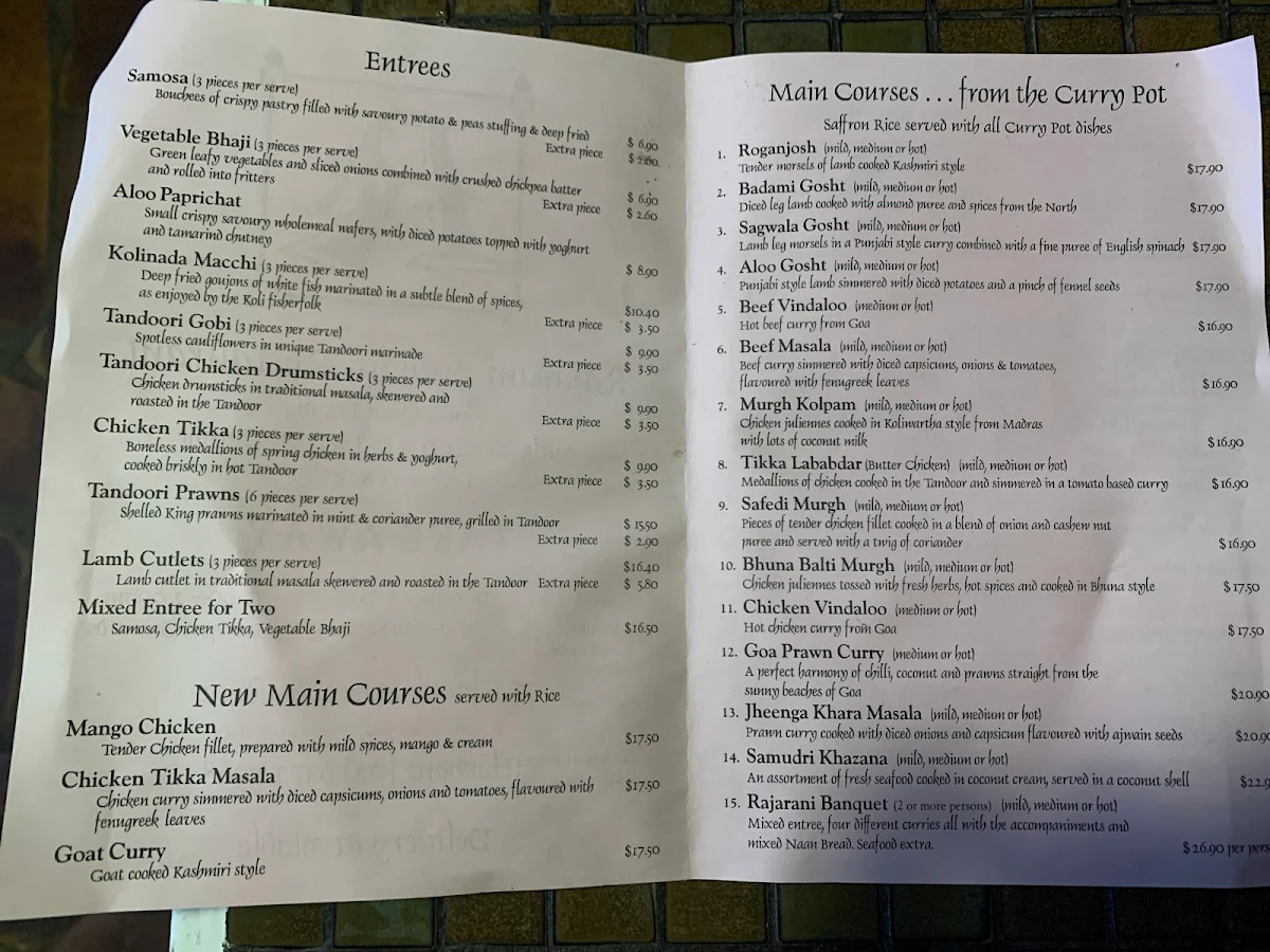 Menu, Rajarani Indian Restaurant