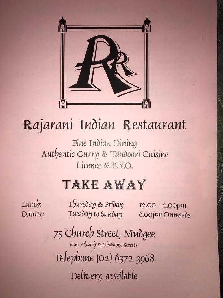 Menu, Rajarani Indian Restaurant