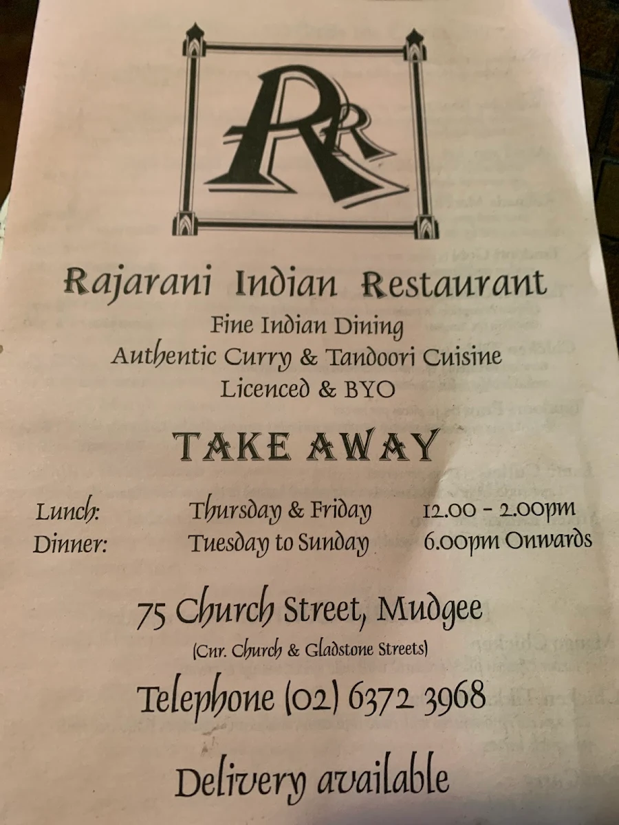Menu, Rajarani Indian Restaurant