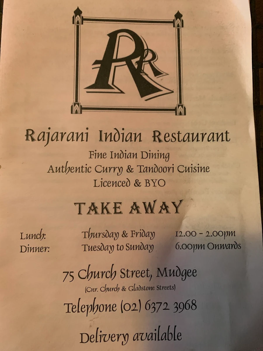 Menu, Rajarani Indian Restaurant