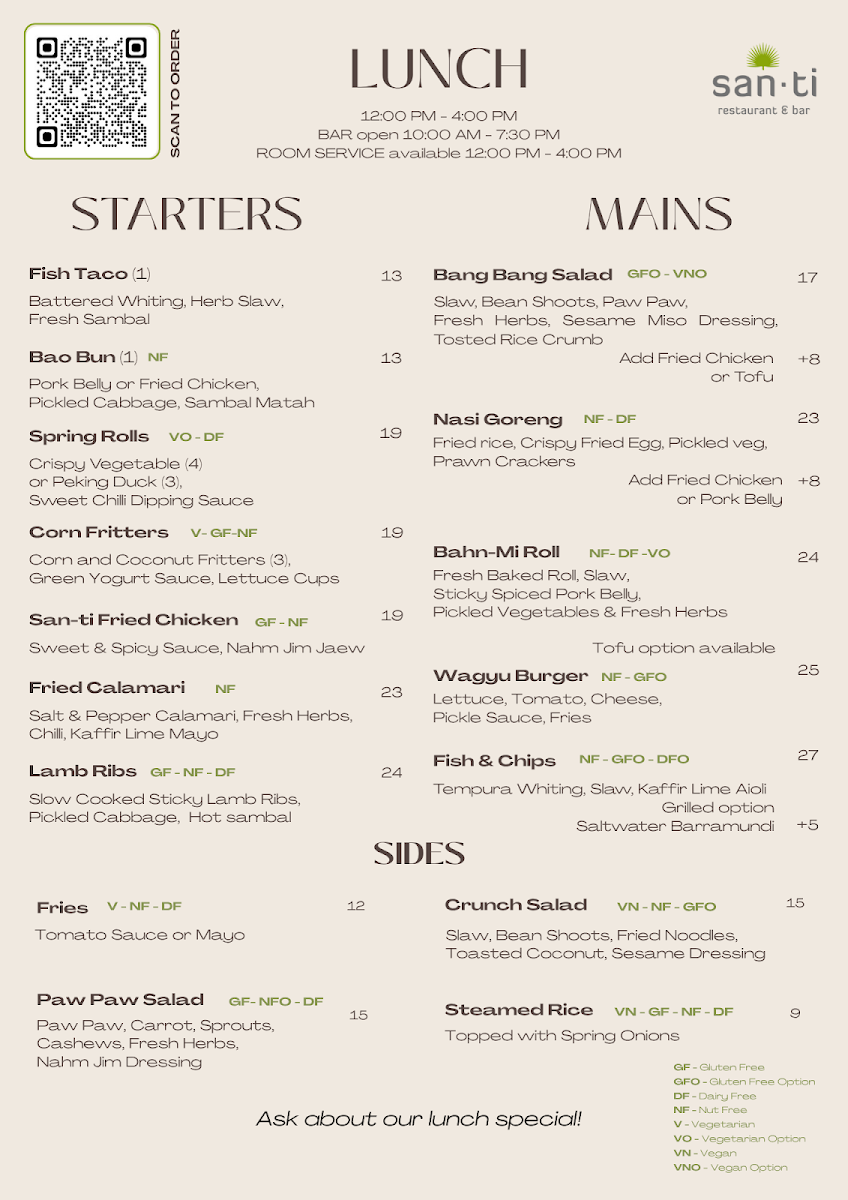 Menu, San-ti Restaurant and Bar
