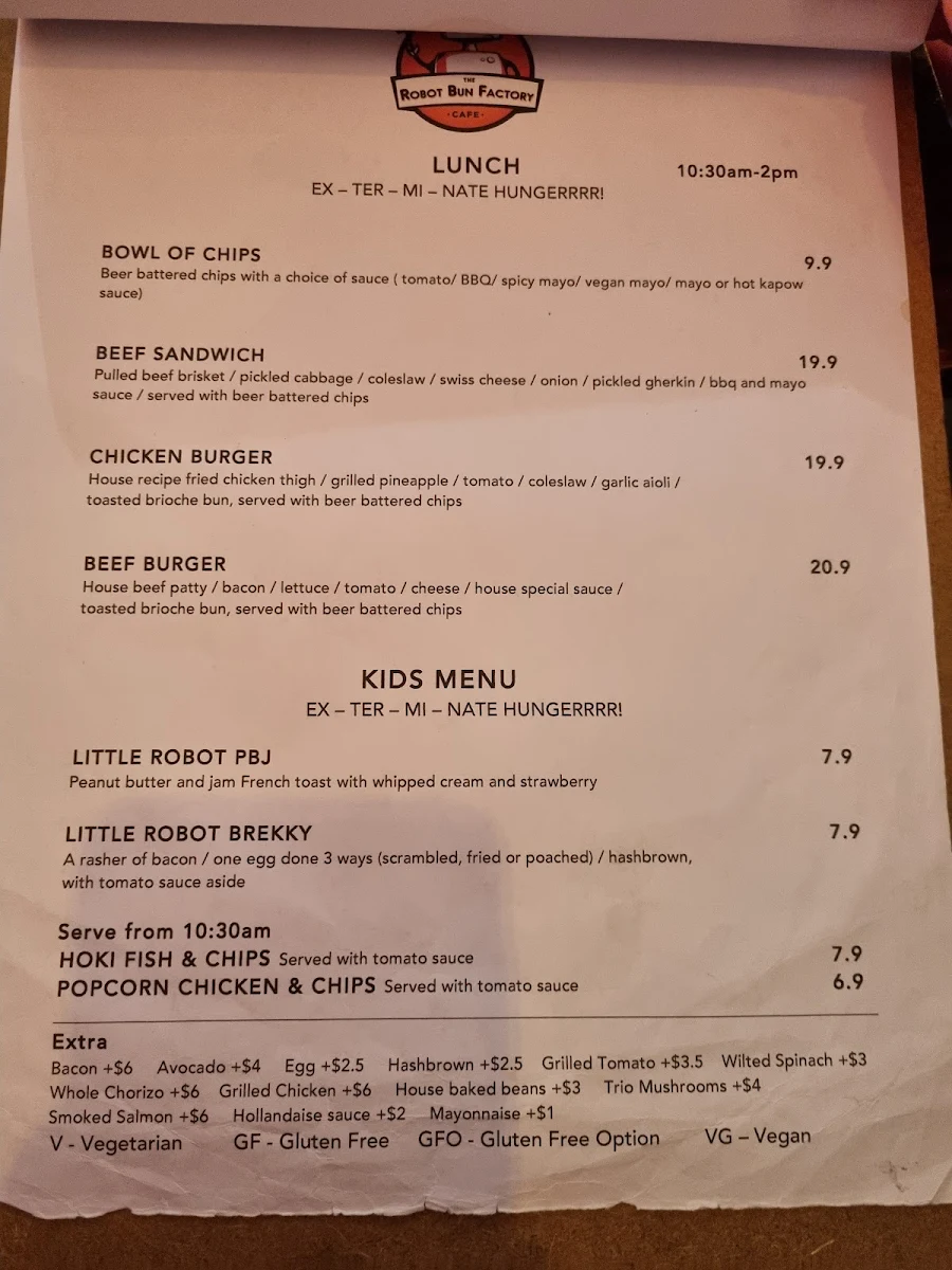 Menu, The Robot Bun Factory Cafe