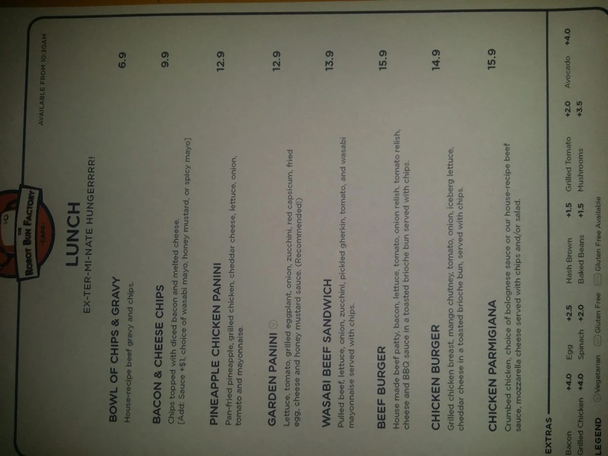 Menu, The Robot Bun Factory Cafe