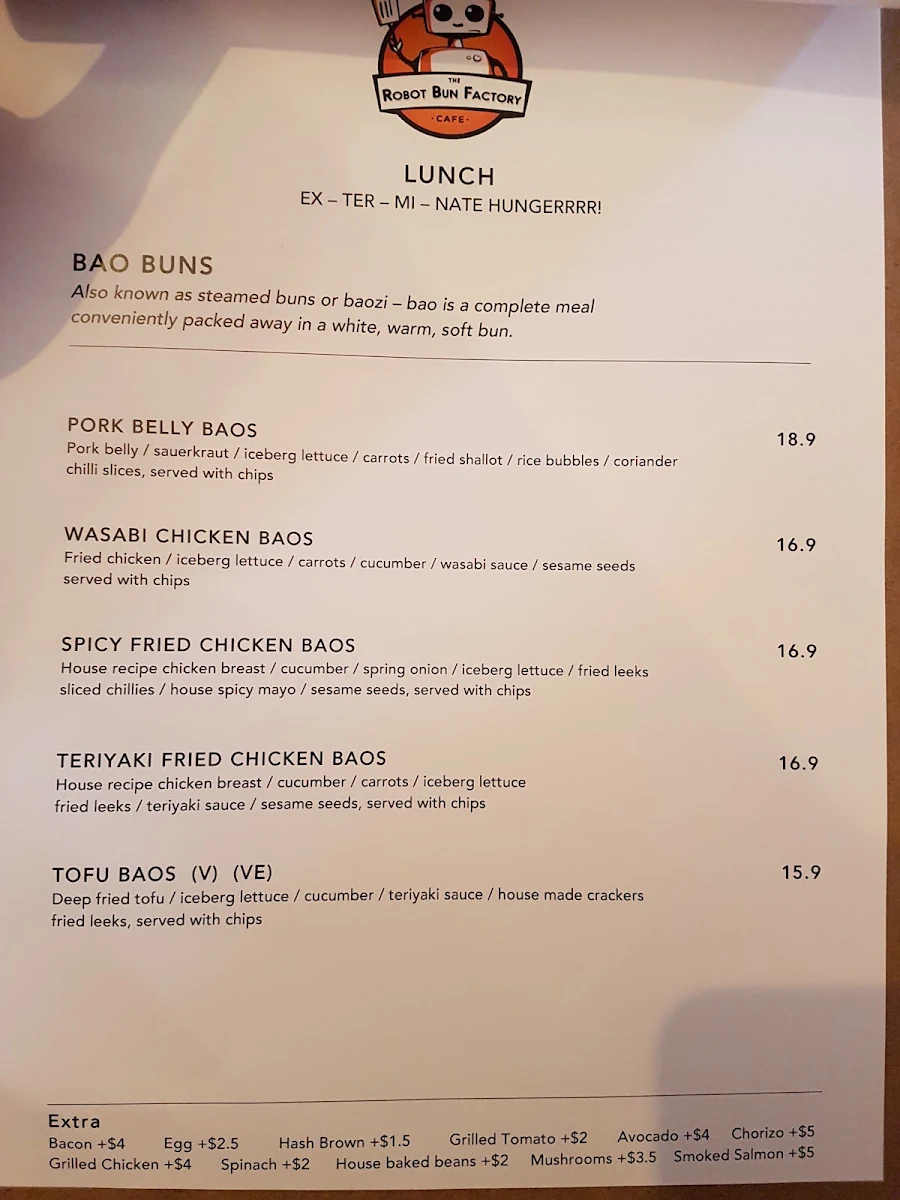 Menu, The Robot Bun Factory Cafe