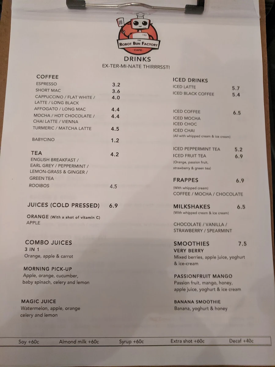 Menu, The Robot Bun Factory Cafe