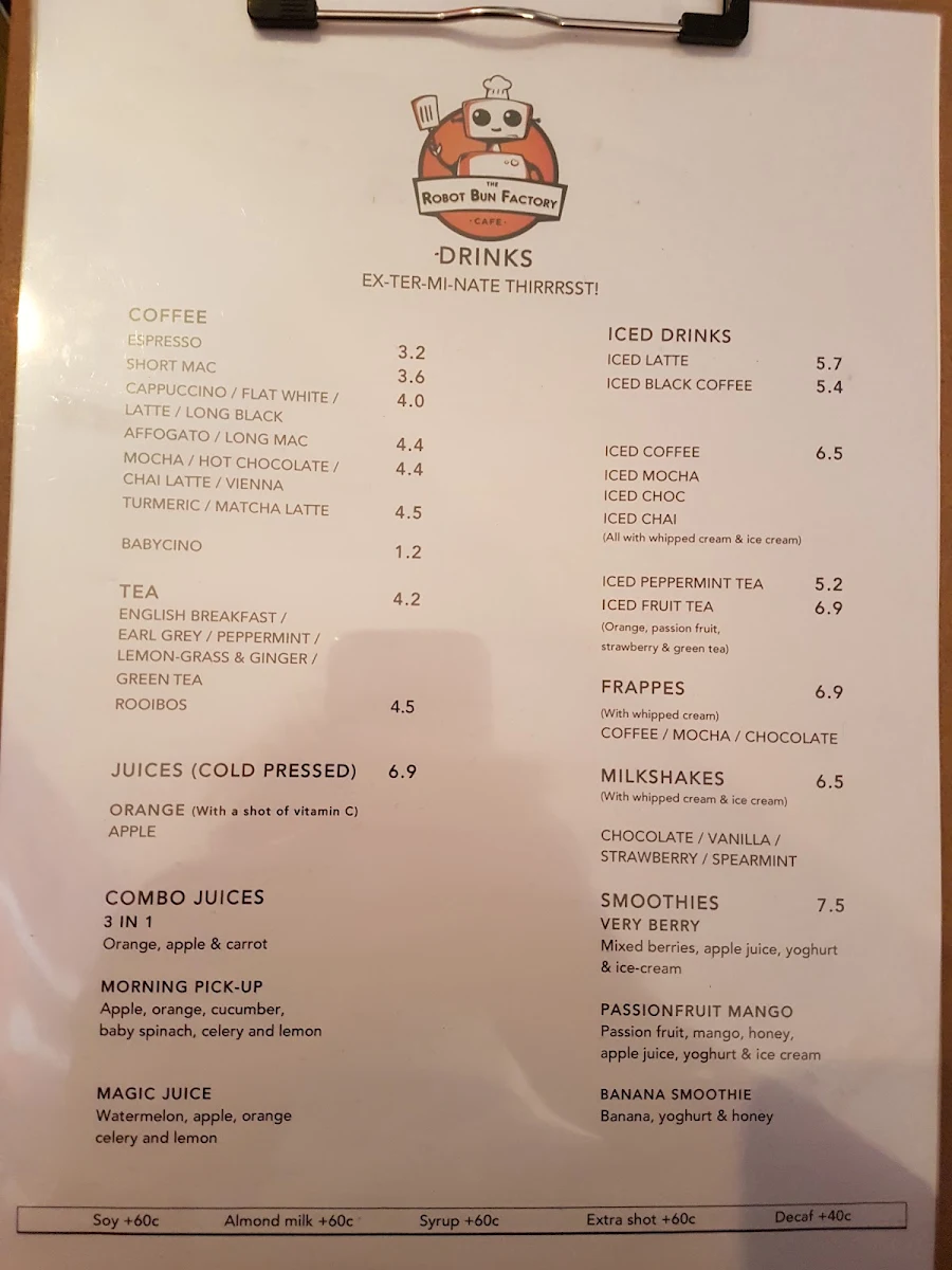 Menu, The Robot Bun Factory Cafe