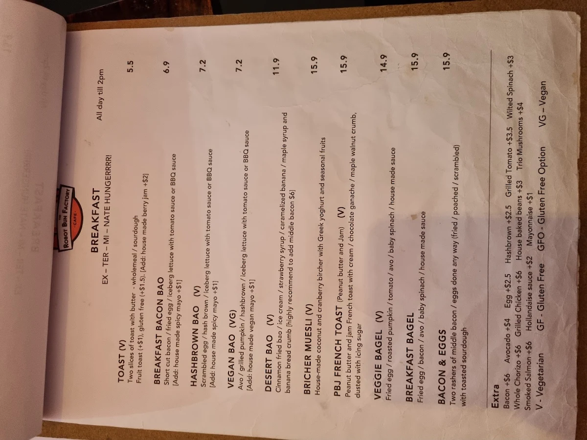 Menu, The Robot Bun Factory Cafe