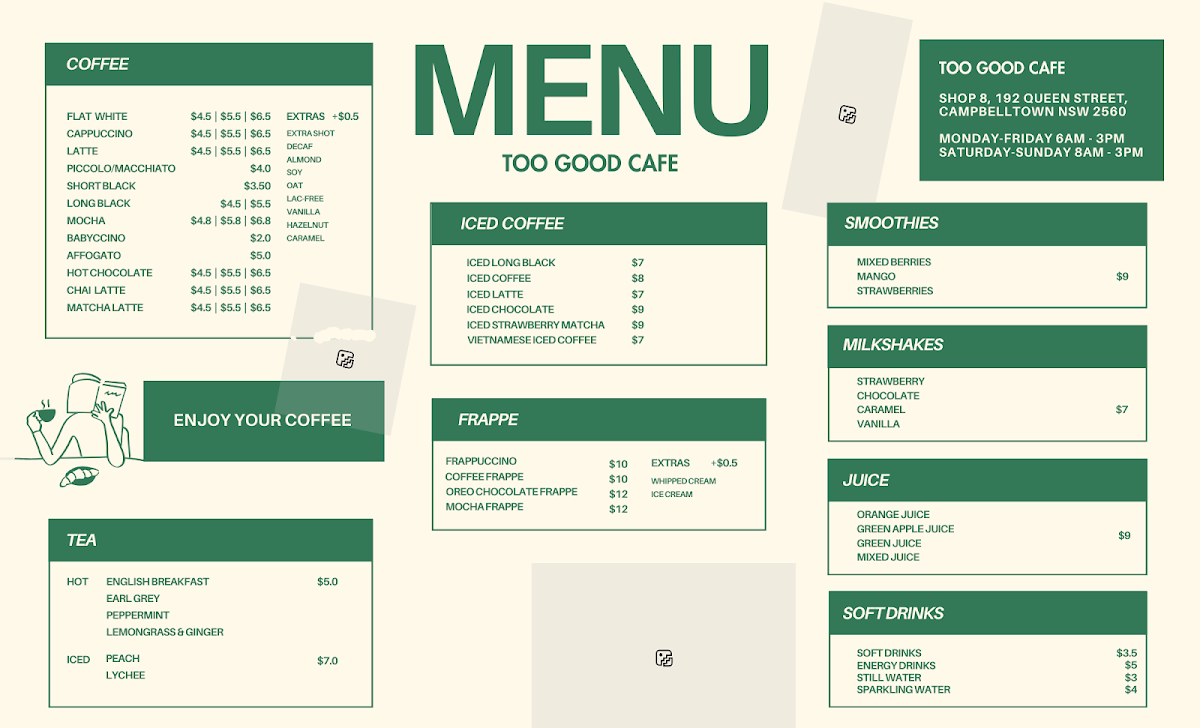Menu, Too Good Cafe - Campbelltown Queen st