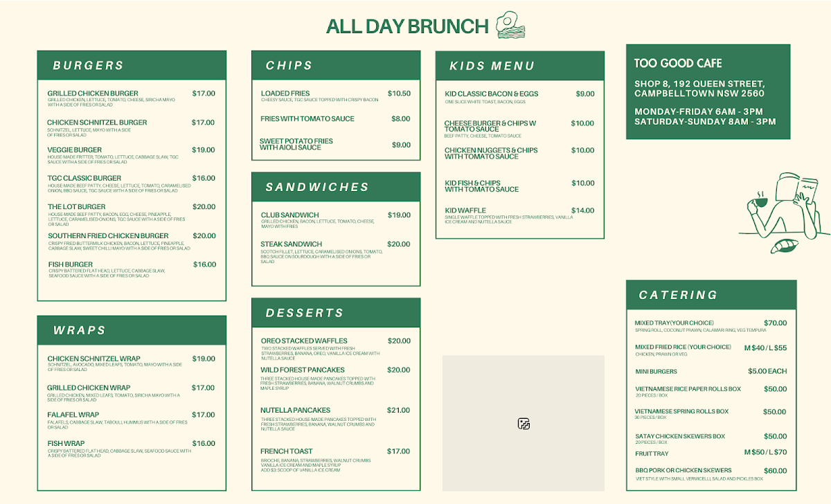 Menu, Too Good Cafe - Campbelltown Queen st