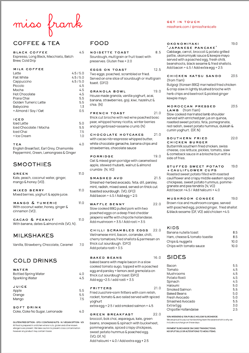 Menu, Miss Frank