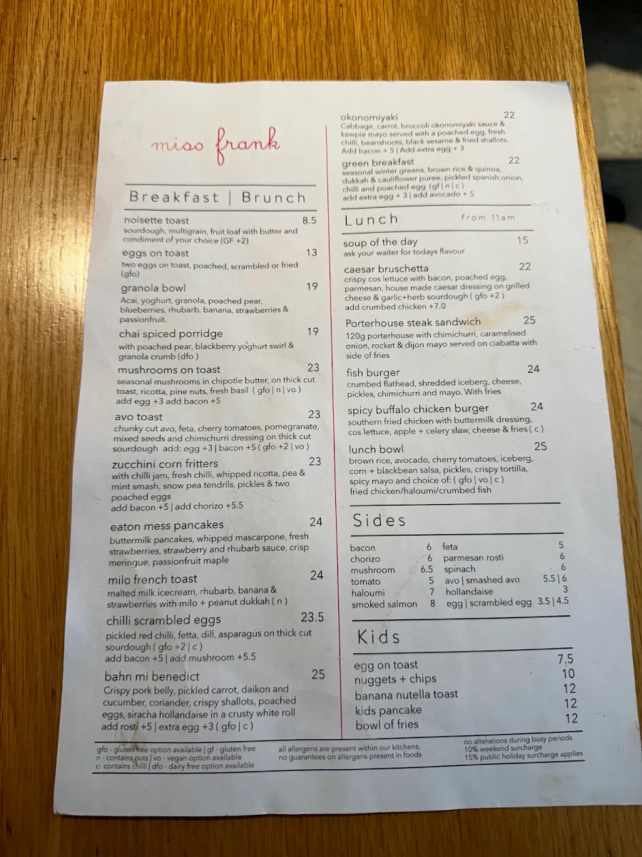 Menu, Miss Frank
