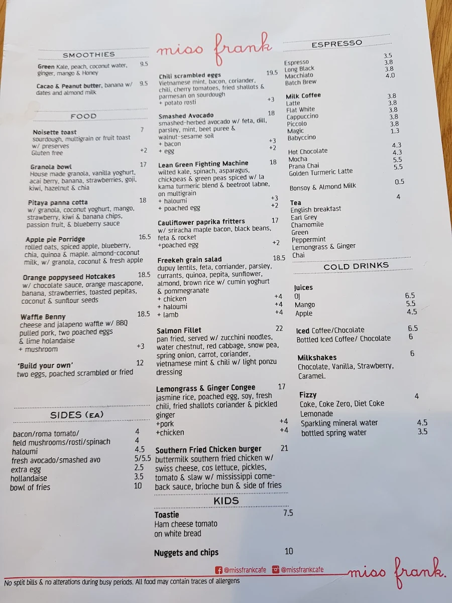 Menu, Miss Frank