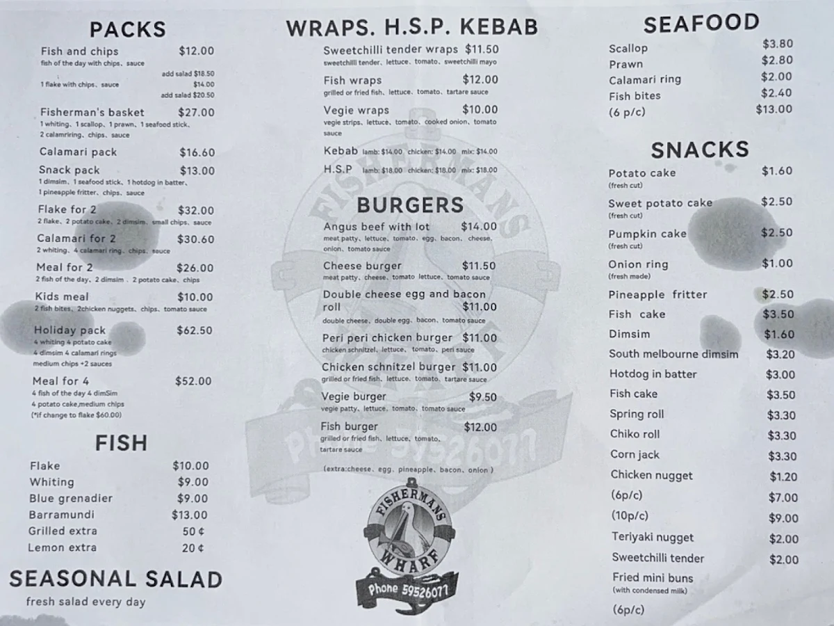 Menu, Fisherman's Wharf