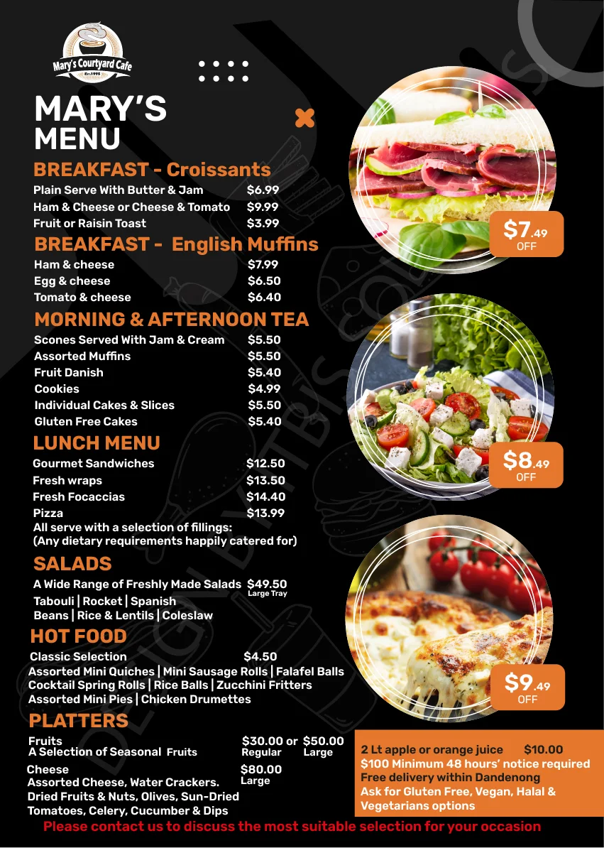 Menu, Mary’s Courtyard Cafe