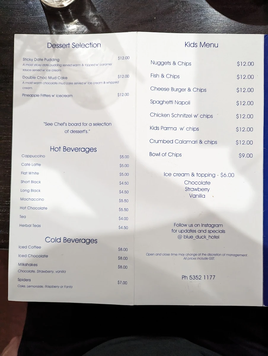 Menu, Blue Duck Hotel