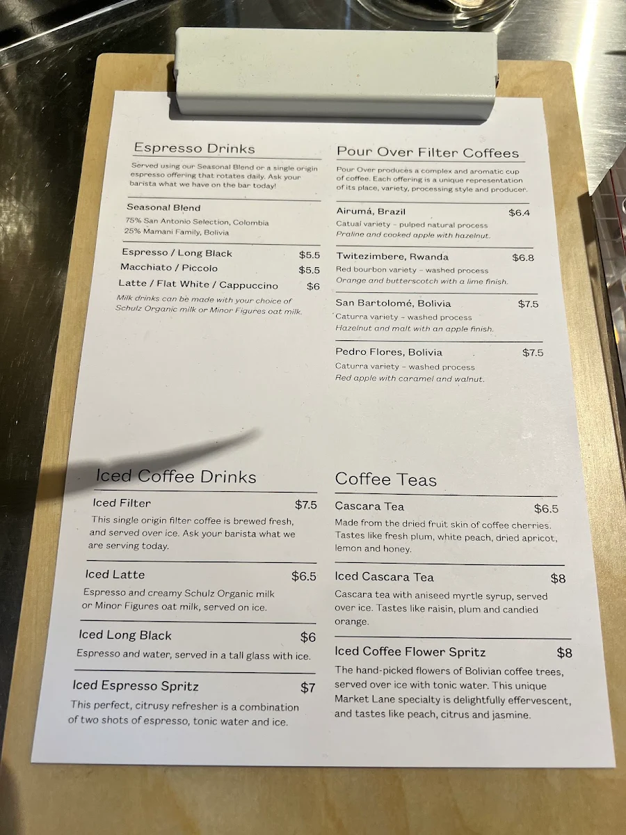 Menu, Market Lane Coffee - Queen St, Queen Victoria Market