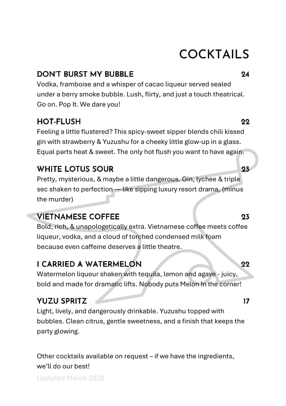 Menu, Hudsons Road Wine & Beer