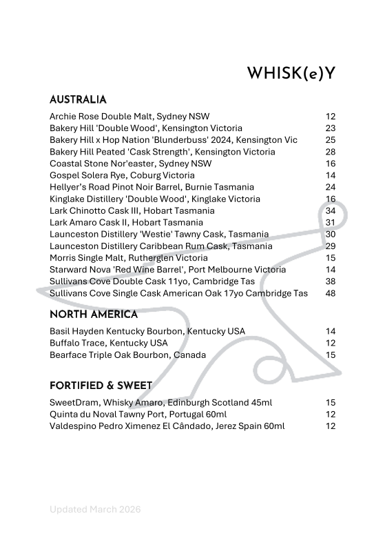 Menu, Hudsons Road Wine & Beer