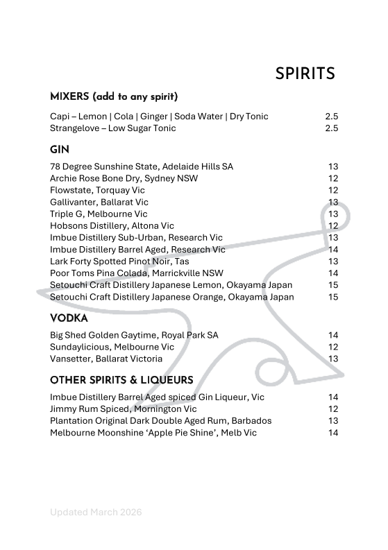 Menu, Hudsons Road Wine & Beer