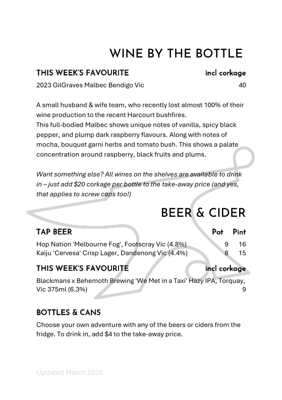 Menu, Hudsons Road Wine & Beer