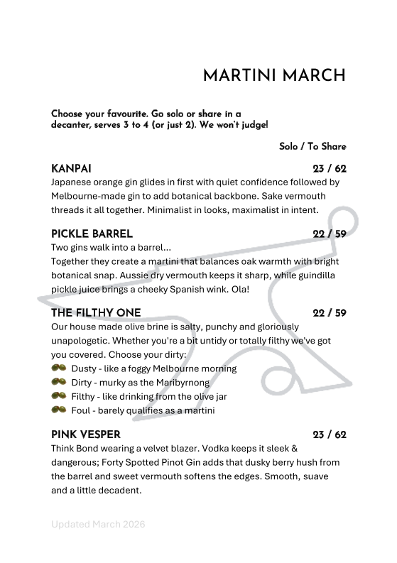 Menu, Hudsons Road Wine & Beer