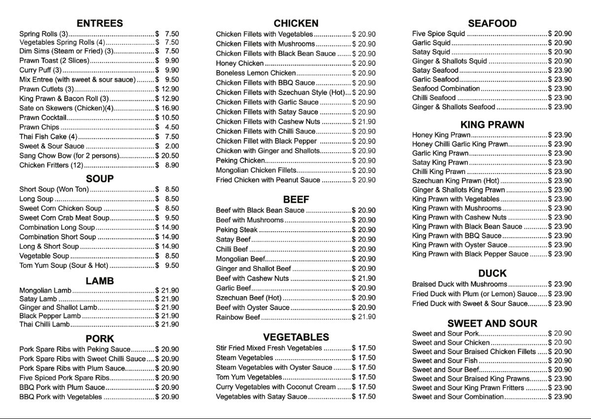 Menu, Hung Run Chinese Takeaway