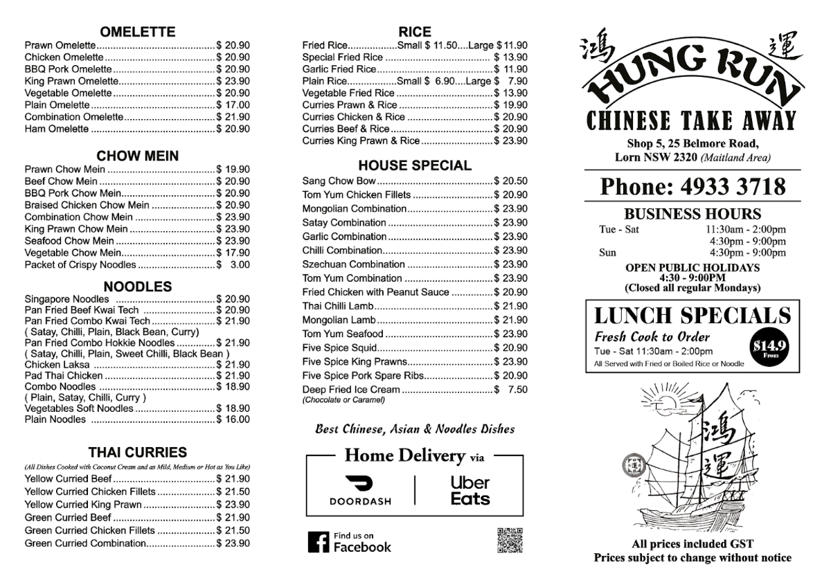 Menu, Hung Run Chinese Takeaway