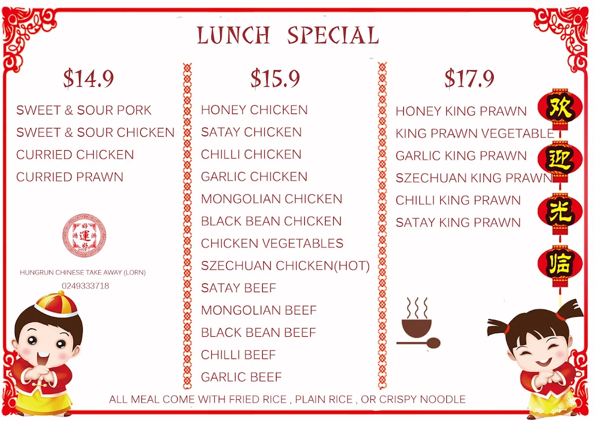 Menu, Hung Run Chinese Takeaway