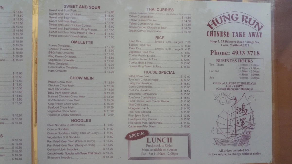 Menu, Hung Run Chinese Takeaway